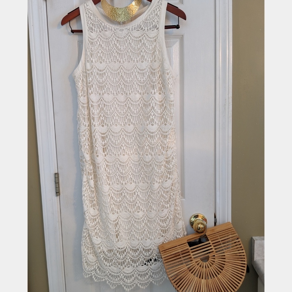 LOFT white lace scalloped shift dress